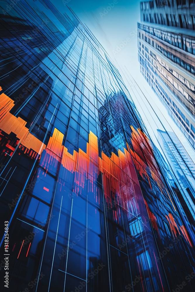 Poster dynamic abstract view of a skyscraper reflecting colorful light patterns in an urban setting. the co