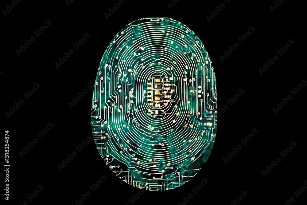 Poster this abstract image features a circuit board design resembling a fingerprint, showcasing intricate l