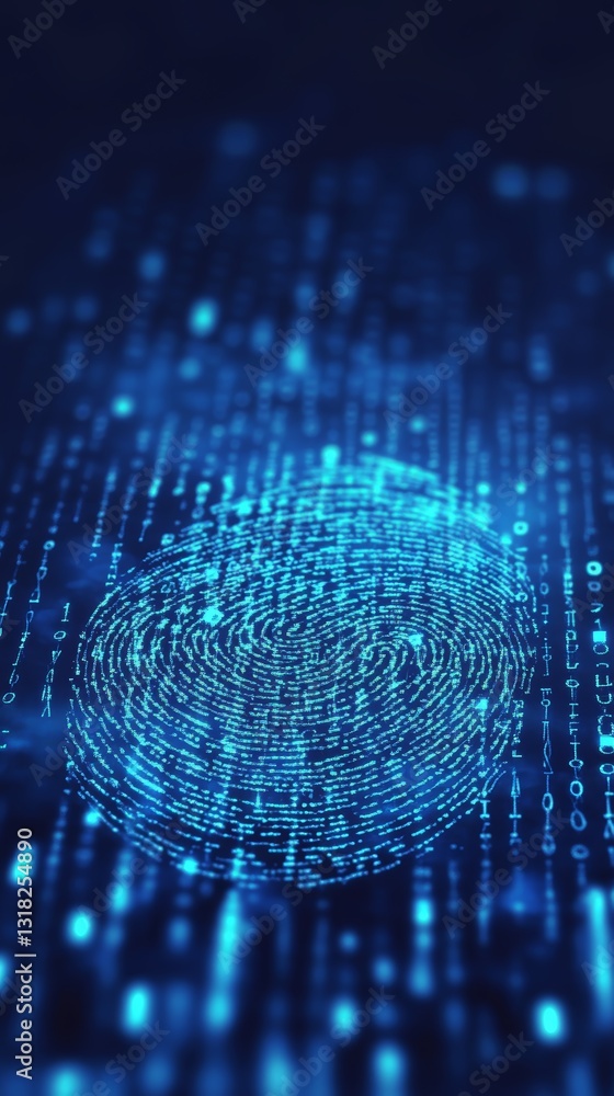 Poster vibrant abstract image depicting a digital fingerprint surrounded by flowing binary code, representi
