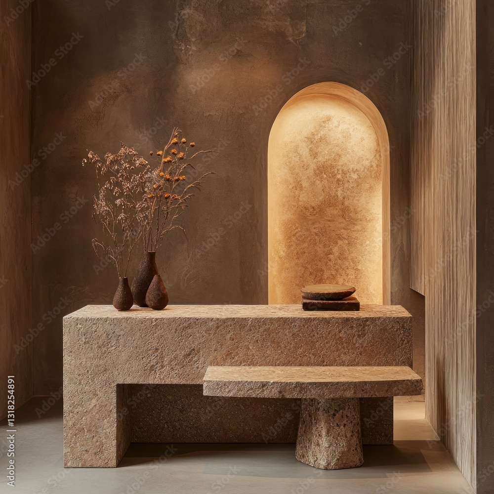 Aufkleber interior composition of stone table with flower in the vase and archway modern design with studio sh