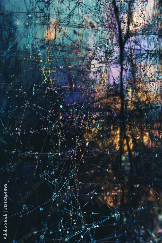 Poster colorful abstract background with network of glowing lines and reflections in twilight