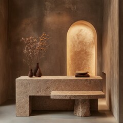 Interior composition of stone table with flower in the vase and archway modern design with studio shot and neutral color