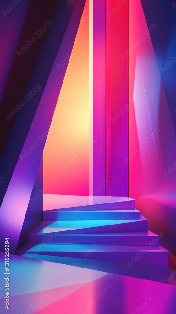 Poster Ethereal staircase in surreal space with soft gradients showcasing modern architecture and colorful vibrant lighting