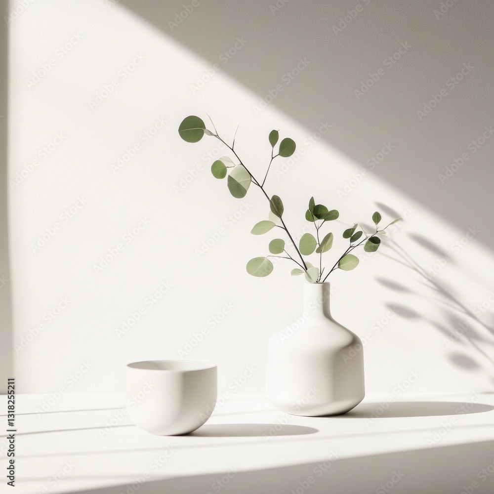 Aufkleber serene simplicity green eucalyptus vase and white bowl illuminating light in tranquil scene of inter