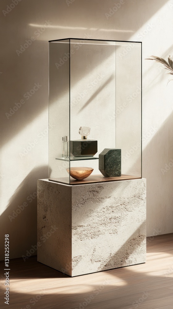 Poster minimalist display of elegant objects in a glass case on concrete pedestal with sunlit warmth and re
