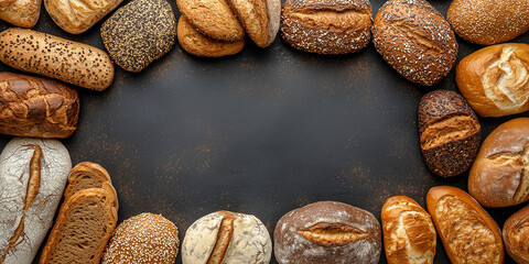 Fototapeta premium Draufsicht auf einen Rahmen mit Brot und mit Platz für Text in der Mitte - Werbeschild Flyer