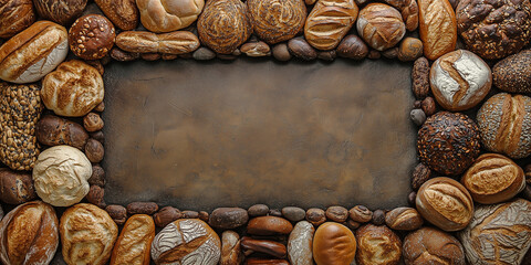 Fototapeta premium Draufsicht auf einen Rahmen mit Brot und mit Platz für Text in der Mitte - Werbeschild Flyer