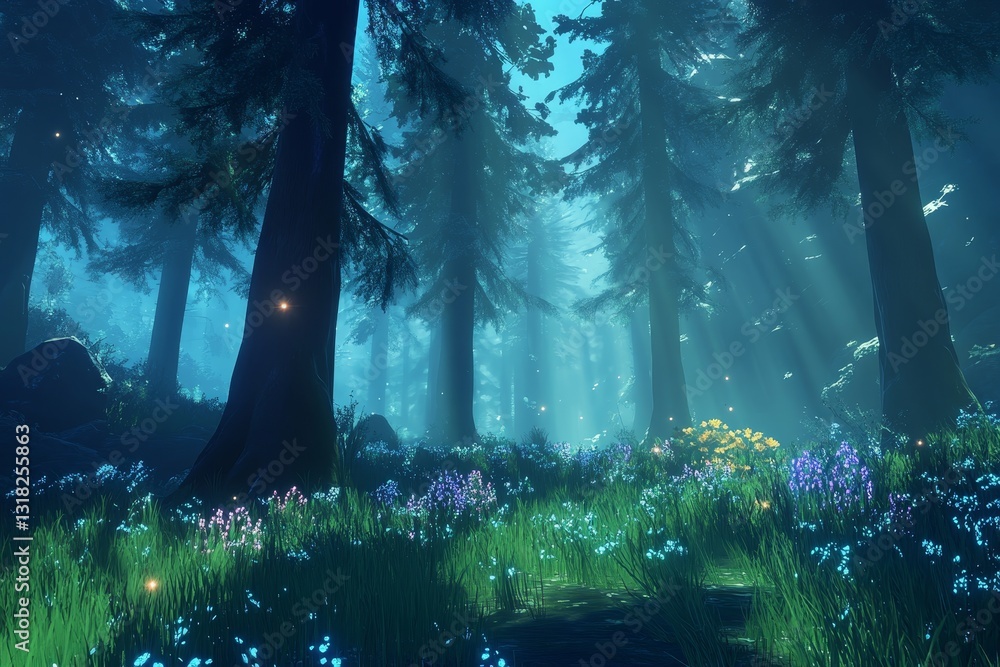 Poster a serene enchanted forest scene with soft sunlight beams piercing through tall trees, creating a mag