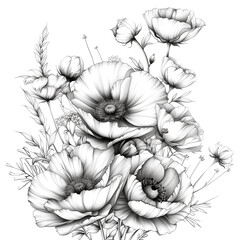 Fototapeta premium The image is a black and white drawing of a bouquet of flowers. The flowers are arranged in a way that creates a sense of depth and dimension