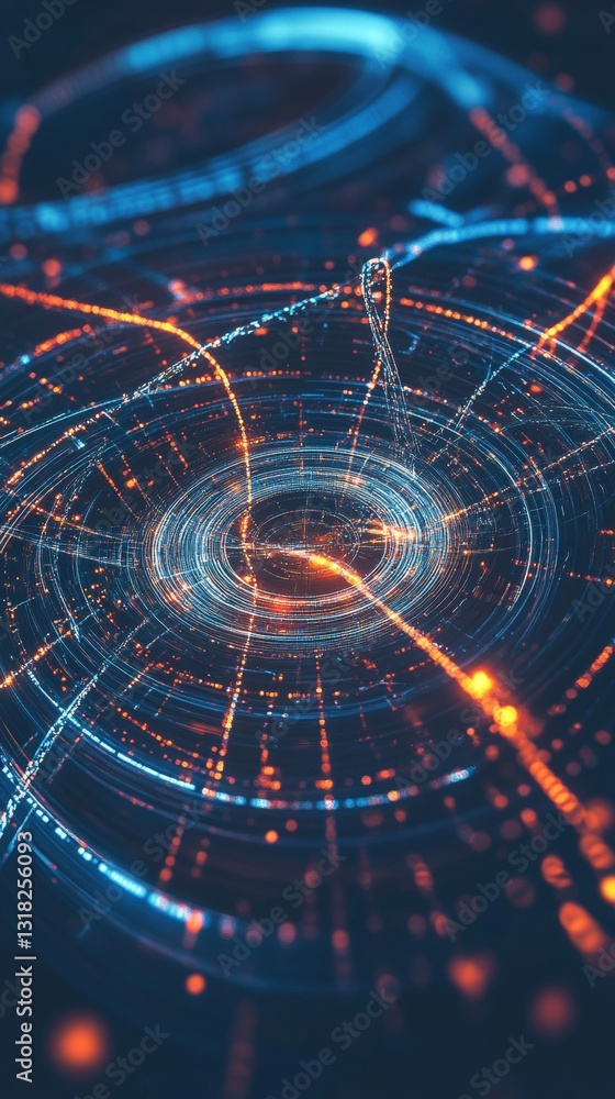 Poster abstract digital data network with glowing lines and particles in blue and orange colors