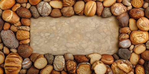 Naklejka premium Draufsicht auf einen Rahmen mit Brot und mit Platz für Text in der Mitte - Werbeschild Flyer