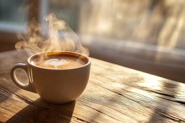 Steaming cup of cappuccino with latte art on a wooden table, bathed in warm morning sunlight, cozy and inviting coffee moment