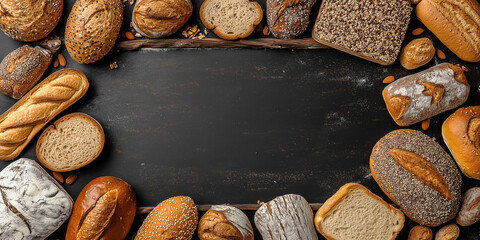 Fototapeta premium Draufsicht auf einen Rahmen mit Brot und mit Platz für Text in der Mitte - Werbeschild Flyer