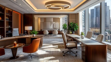 Fototapeta premium Sophisticated contemporary office space with natural light and city view