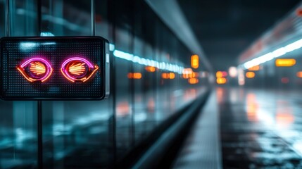 Futuristic Neon Eyes Sign in Modern Train Station