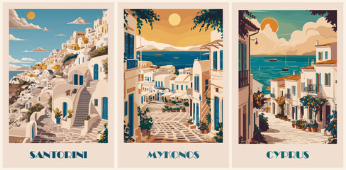 Naklejka premium Set of Greece Travel Destination Posters in retro style. Santorini, Mykonos, Cyprus digital prints. European summer vacation, holidays concept. Vintage vector colorful illustrations.