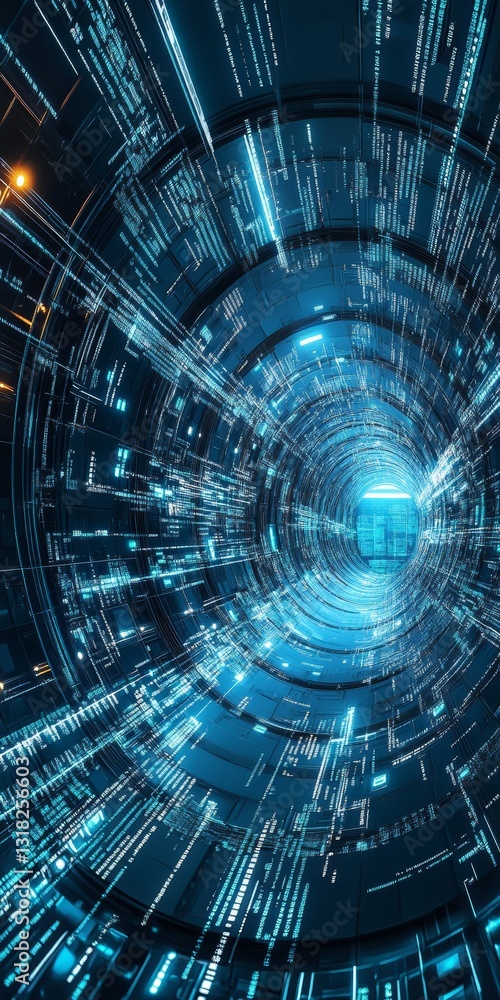 Poster explore a mesmerizing futuristic tunnel filled with bright digital elements. the vibrant blue colors