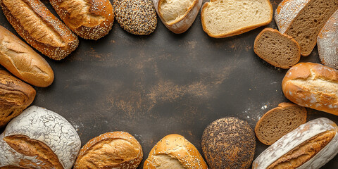 Obraz premium Draufsicht auf einen Rahmen mit Brot und mit Platz für Text in der Mitte - Werbeschild Flyer