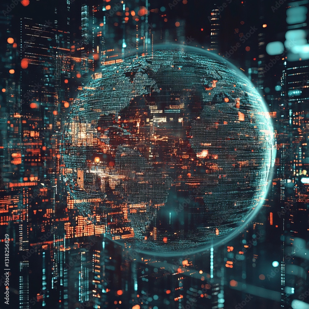 Poster a captivating digital illustration of a globe surrounded by vibrant data points and connections, rep