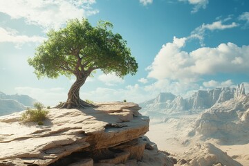 Obraz premium A stunning landscape featuring a lone tree on a rocky cliff under a bright blue sky. This serene scene captures the essence of nature and tranquility.