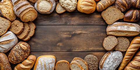 Fototapeta premium Draufsicht auf einen Rahmen mit Brot und mit Platz für Text in der Mitte - Werbeschild Flyer
