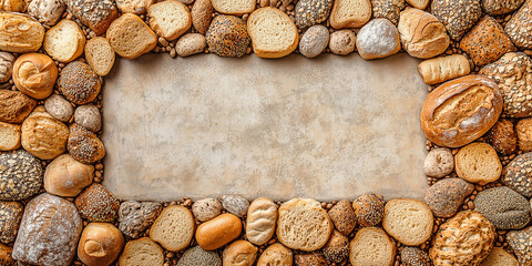 Fototapeta premium Draufsicht auf einen Rahmen mit Brot und mit Platz für Text in der Mitte - Werbeschild Flyer