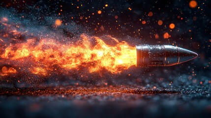 Bullet speeds through air, enveloped by flames and particles, dark background
