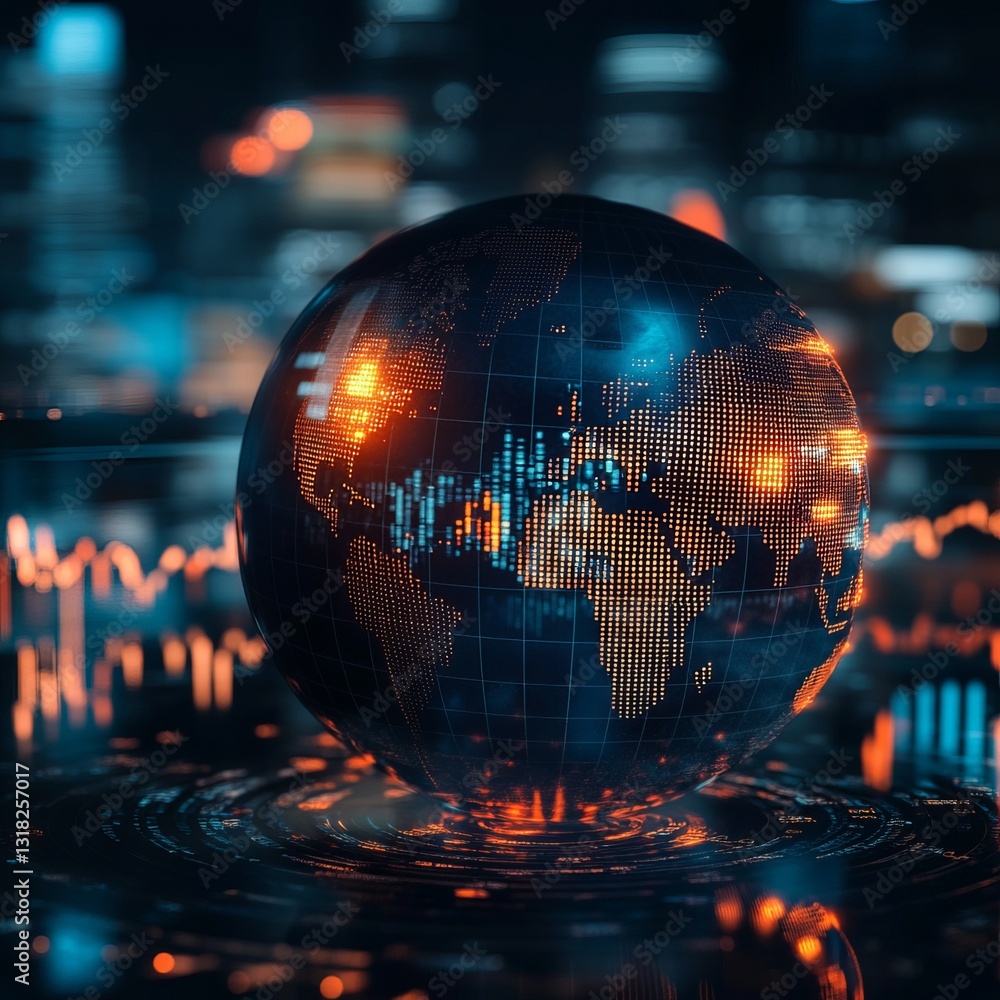 Poster a captivating digital globe is surrounded by data visualization elements against a city backdrop, sy