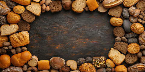 Fototapeta premium Draufsicht auf einen Rahmen mit Brot und mit Platz für Text in der Mitte - Werbeschild Flyer