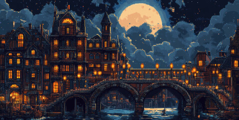 Pixel art of a European city at night with a bridge and a full moon