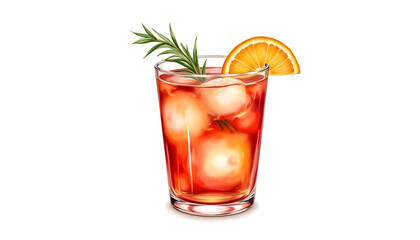 A detailed watercolor illustration of a classic Negroni cocktail drink, featuring vibrant hues of red, orange, and gold, with a slice of orange and a sprig of rosemary garnishing the glass