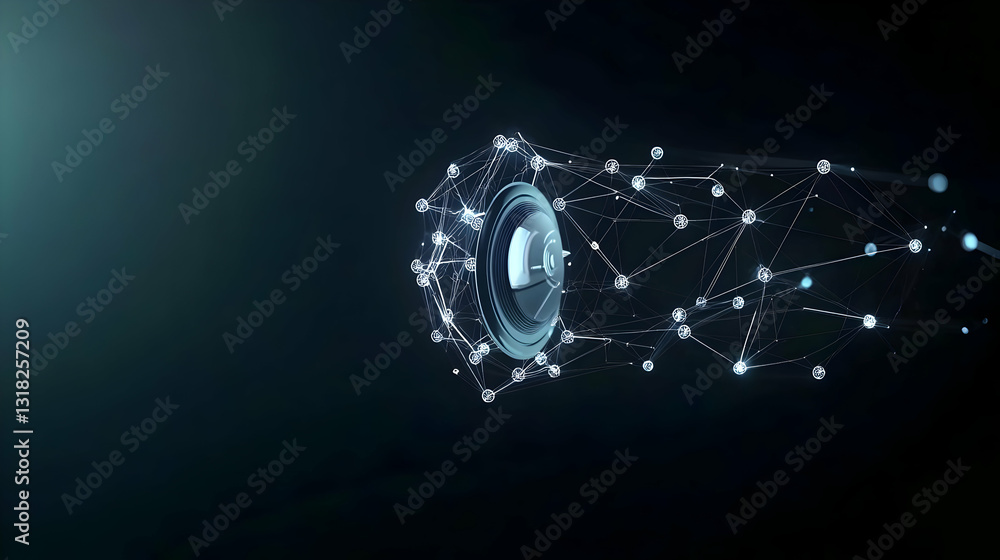 Poster abstract digital networked sphere with connected dots and glowing light against dark blue backdrop