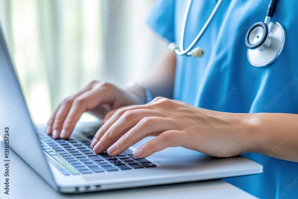Poster a healthcare worker types on a laptop, emphasizing cybersecurity practices in a medical environment 