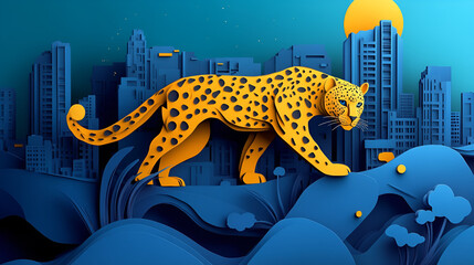 A Panther against City Buildings in Paper cut Style, Generative Ai