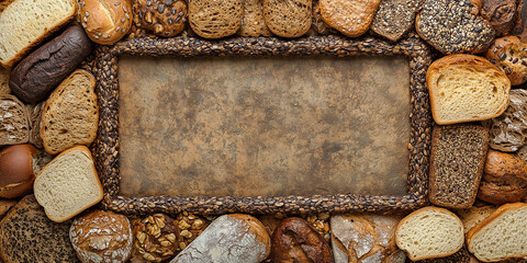 Fototapeta premium Draufsicht auf einen Rahmen mit Brot und mit Platz für Text in der Mitte - Werbeschild Flyer