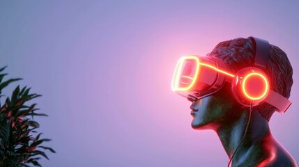 Fototapeta premium Futuristic Bronze Statue in VR Headset Neon Glow High Resolution Image