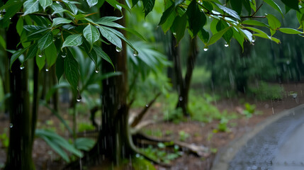 Obraz premium Gentle rainfall in a forest, with droplets clinging to leaves and the ground glistening from the moisture, creating a peaceful ambiance.