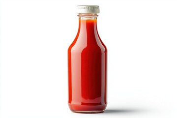 Glass bottle of red sauce with silver cap isolated on white background captures food concept angle clear
