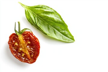 Half dried tomato with fresh basil leaf vibrant culinary fusion bright studio shot close up clean white background