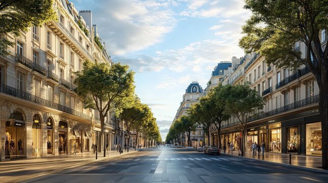 Elegant Parisian avenue lined with luxury boutiques and stately architecture