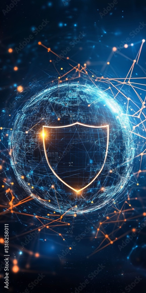 Aufkleber this abstract image showcases a digital security shield over a global network, symbolizing protectio
