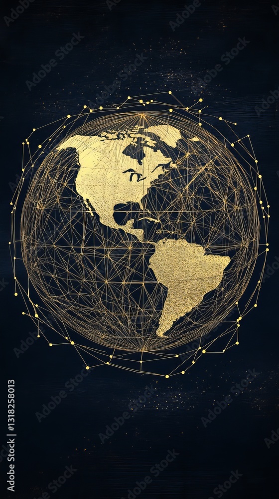 Poster this image features a golden network globe showcasing a web of interconnected lines and nodes on a d
