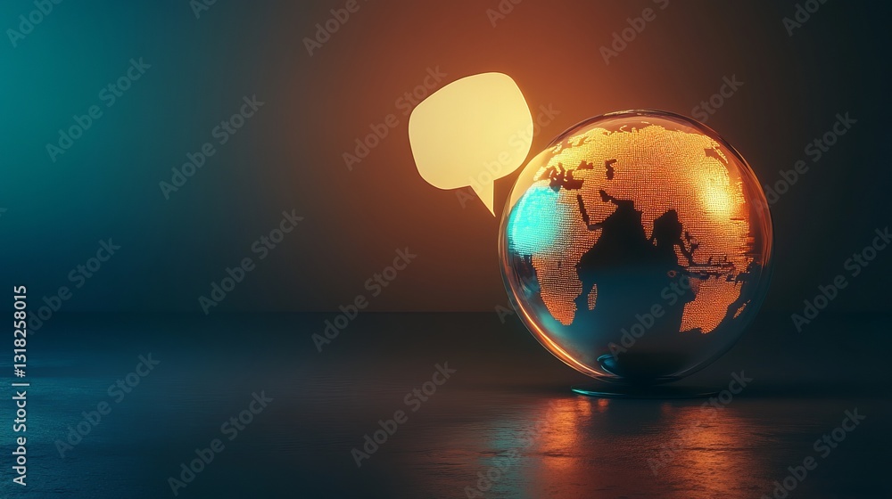 Poster this striking image features a vibrant globe with a speech bubble against a colorful background. it 