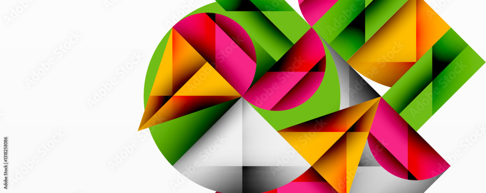 Poster Abstract geometric design with intersecting circles, triangles, squares and sharp angles creating a layered composition with gradients, depth, and contrast