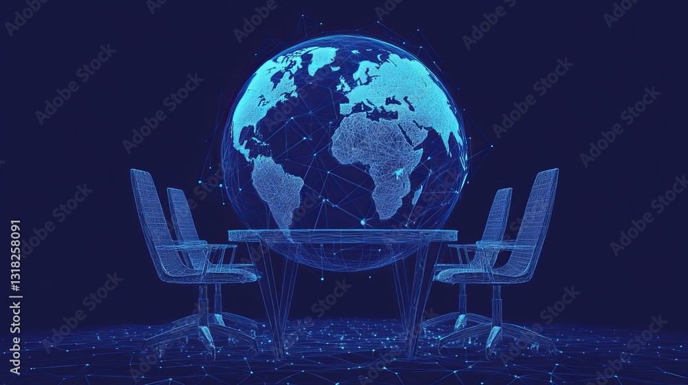 Aufkleber a modern conference setting featuring a digital globe and interconnected networks, symbolizing globa