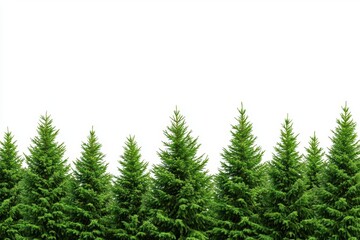 A horizontal border of green pine trees isolated on a white background, ultrarealistic photography