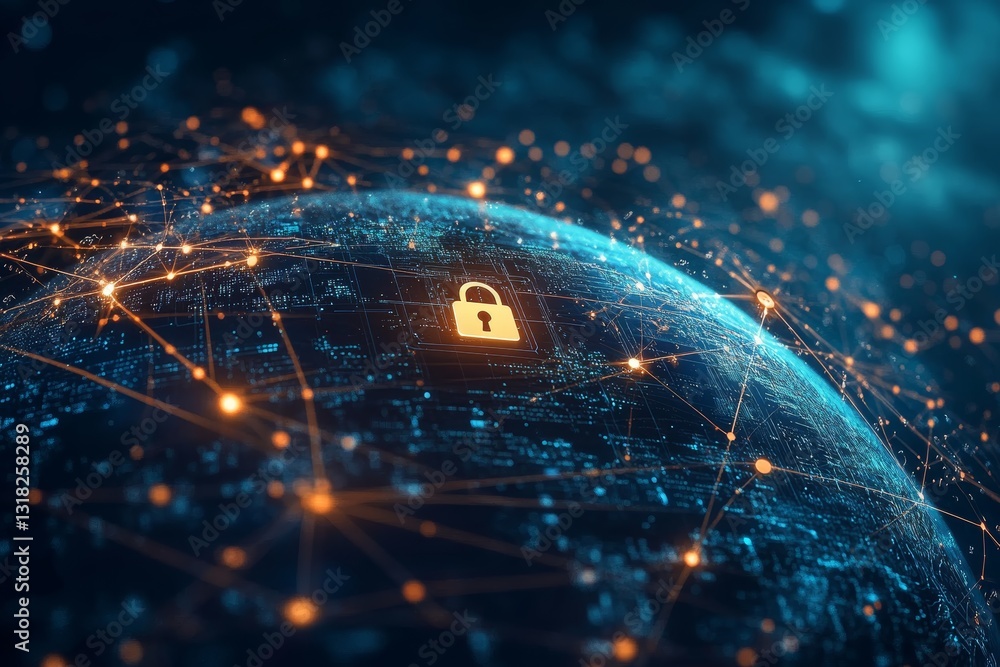 Poster a visual representation of a digital lock symbolizing security over a connected globe. bright lines 