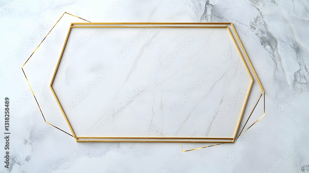 Poster golden hexagonal frame on a white marble background with glitter elements