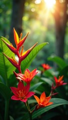 Fototapeta premium Exotic flowers blooming under sunlight filtering through trees, tropical plants, nature photography, lush garden