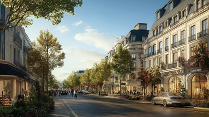 Obraz premium Elegant urban streetscape with classic architecture and bustling atmosphere